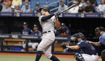 ST. PETERSBURG, FL - JULY 25: New York Yankees right fielder Aaron Judge (99) at bat during the regular season MLB game between the New York Yankees and Tampa Bay Rays on July 25, 2018 at Tropicana Field in St. Petersburg, FL. (Photo by Mark LoMoglio/Icon Sportswire) (Icon Sportswire via AP Images)