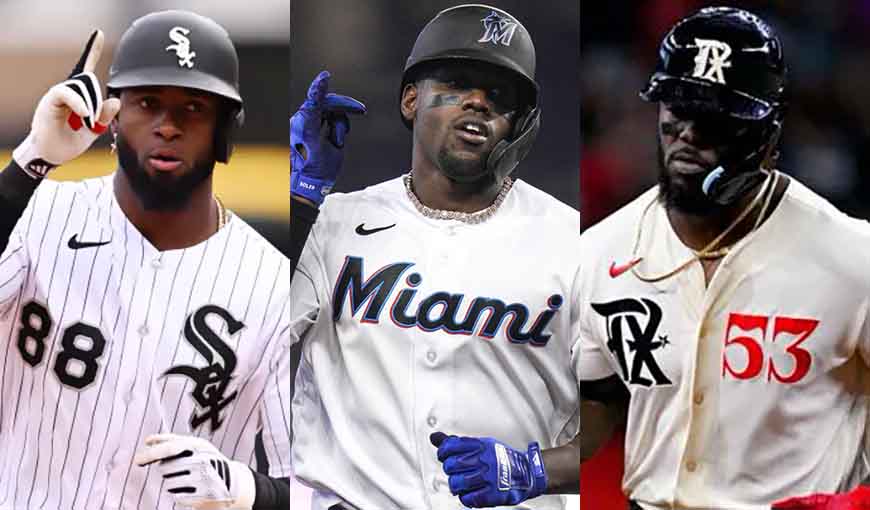 Beisbolistas cubanos Luis Robert, Jorge Soler y Adolis Garcia