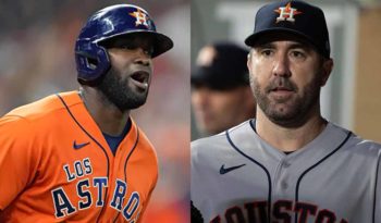 Beisbolistas Yordan Álvarez y Justin Verlander