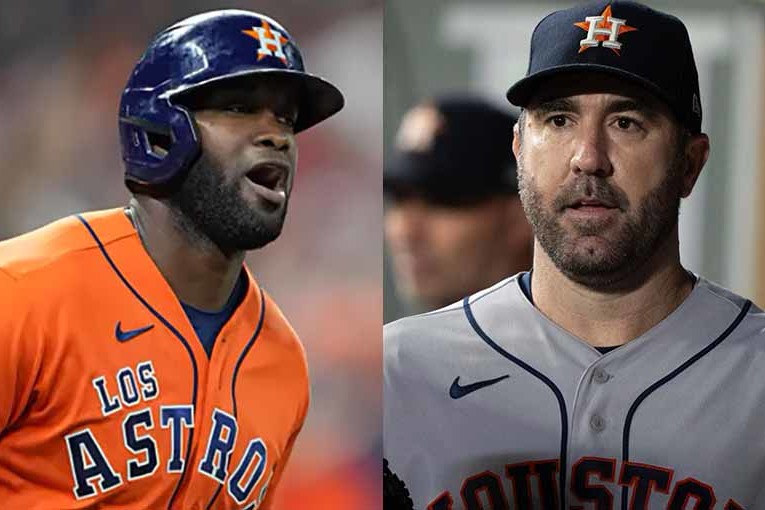 Beisbolistas Yordan Álvarez y Justin Verlander