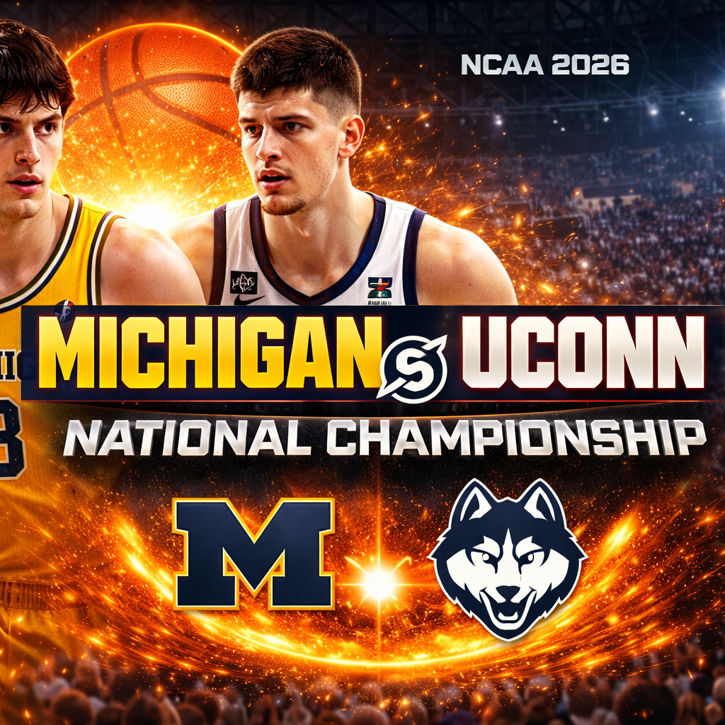 Imagen promocional horizontal del partido Michigan vs UConn en la final NCAA 2026, con dos jugadores de baloncesto enfrentados en un estadio iluminado y gráficos de campeonato.