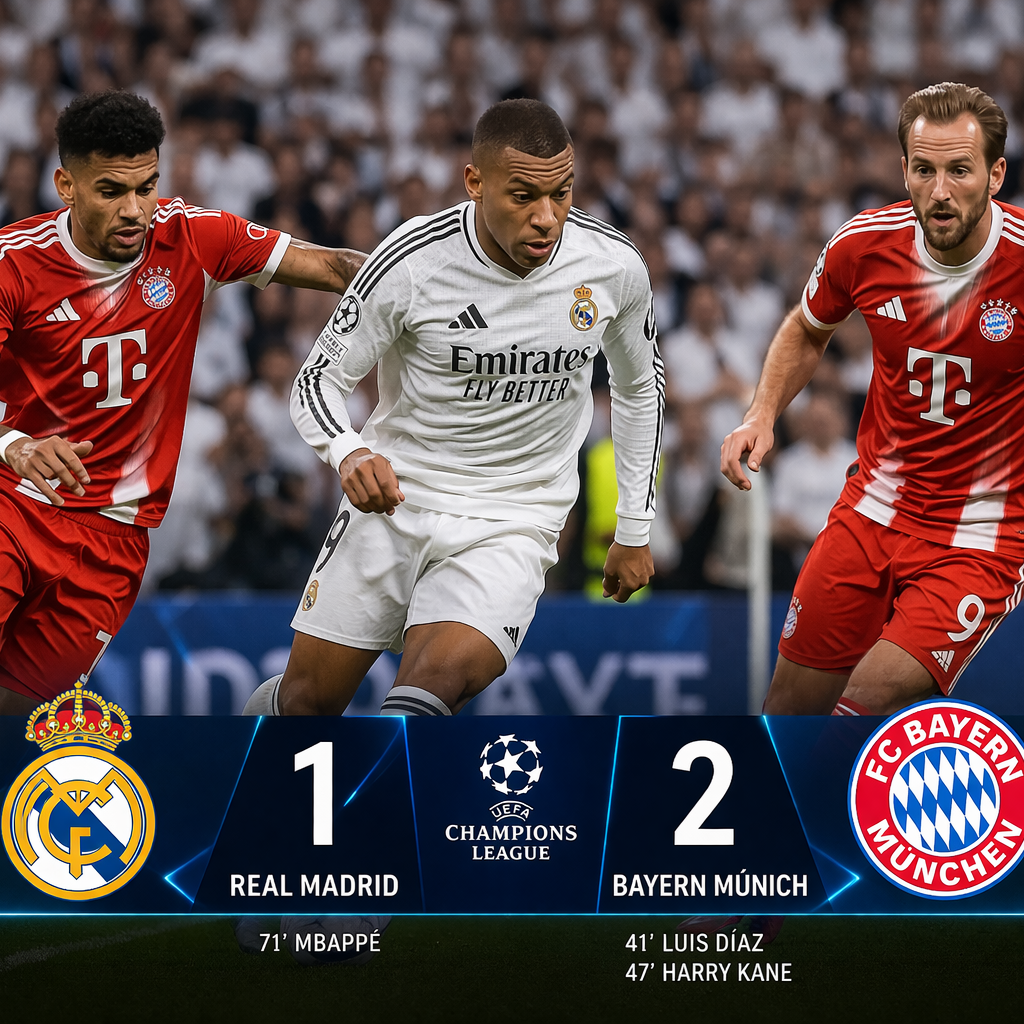 Kylian Mbappé conduce el balón entre dos jugadores del Bayern Múnich durante el partido ante el Real Madrid en la UEFA Champions League, con marcador 1-2 a favor del Bayern.